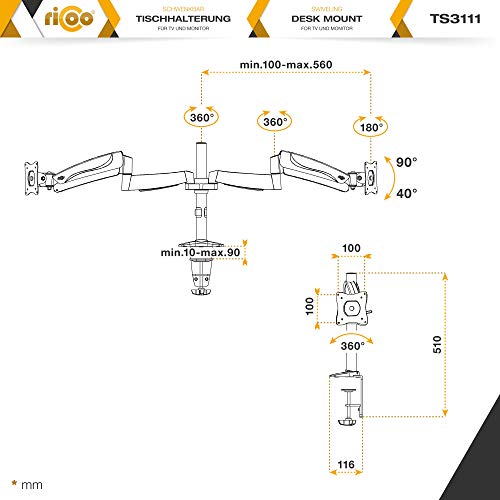 Ricoo TS3111 Tischhalterung für 2 Monitore mit Gasdruckfedergelenk - 7