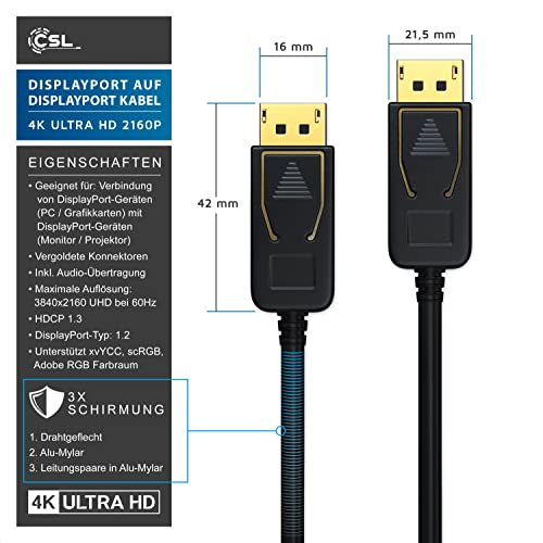 CSL – 3m Ultra HD (4k) Displayport 1.2v (DP) auf Displayport 1.2v (DP) Kabel | inkl. Speerfunktion | Auflösung bis zu 3840 x 2160 bei 30 Hz | HDCP 1.3 | bis zu 17 Gbit/s | Zertifiziert | dreifach geschirmt | 24k vergoldete Kontakte | für Grafikkarten / PC und Apple - 4